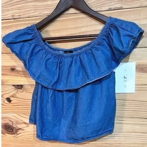 Miss California Small Denim Cold Shoulder Ruffle Boho Women's Crop Top Blouse